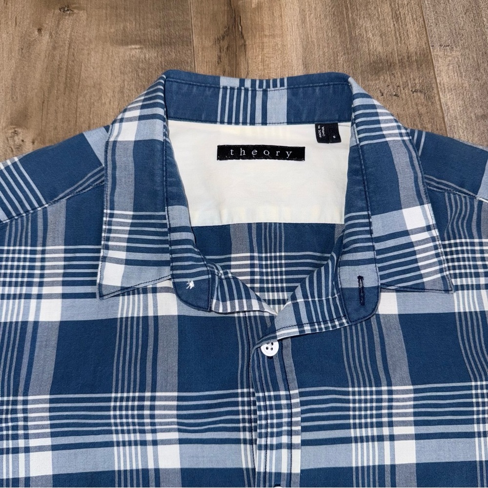 Theory Button Up Long Sleeve Shirt Men Small Blue Check‎ Plaid Business Casual
